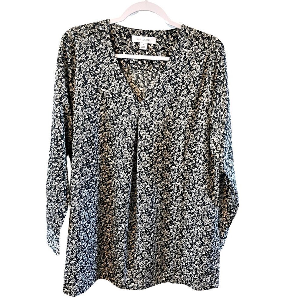 Madison Grey L Satin Top Long Sleeve VNeck Flowy Black/Ivory Floral Print